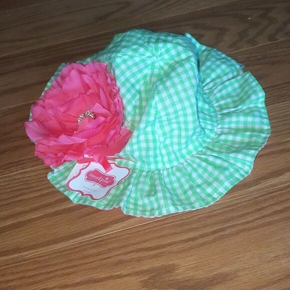 Mud Pie pink green gingham flower sunhat Sz 12m-2T - Picture 1 of 7